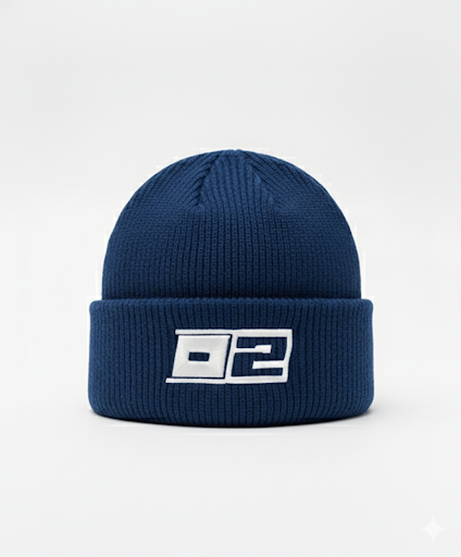 0-2 Brand™ Knit Beanie Navy with white 3D puff embroidered 0-2 badge on cuff, heavyweight rib knit for cold-weather wear.