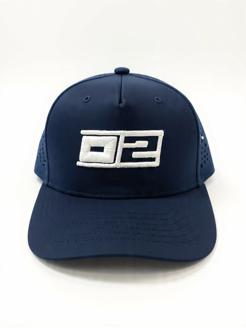 0-2 Brand™ Hydro Golf  Navy Hat with white 3D puff embroidered 0-2 logo, water-resistant performance fabric and structured crown.