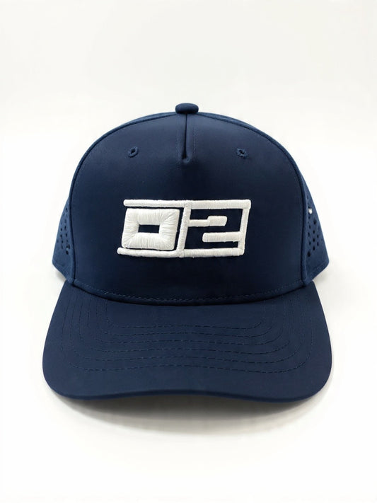 0-2 Brand™ Hydro Golf  Navy Hat with white 3D puff embroidered 0-2 logo, water-resistant performance fabric and structured crown.