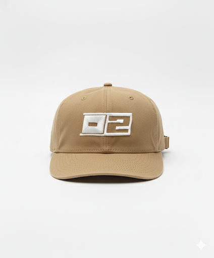 0-2 Brand™ Dad Hat Beige with bold white 3D puff embroidered 0-2 badge, relaxed unstructured fit and adjustable strapback.