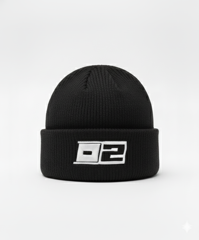 0-2 Brand™ Knit Beanie Black with white 3D puff embroidered 0-2 badge on cuff, heavyweight rib knit for cold-weather wear.