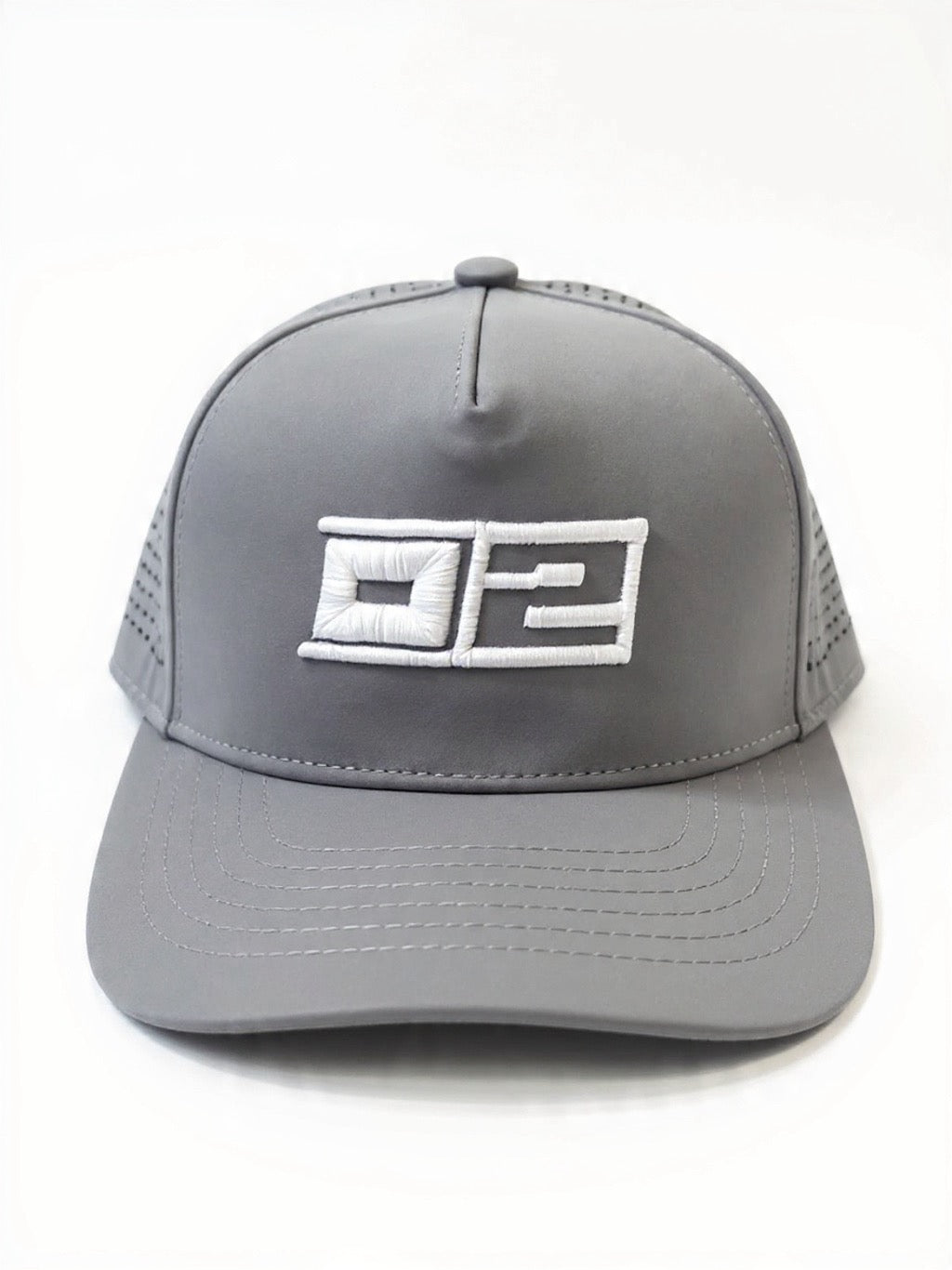 0-2 Brand™ Hydro Golf Hat Gray with white 3D puff embroidered 0-2 logo, water-resistant performance fabric and structured crown.