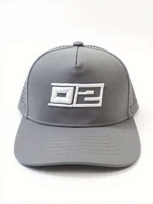 0-2 Brand™ Hydro Golf Hat Gray with white 3D puff embroidered 0-2 logo, water-resistant performance fabric and structured crown.