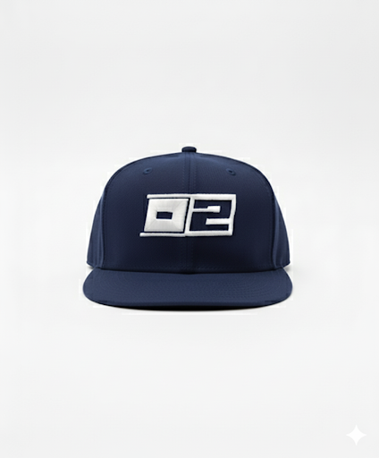 0-2 Brand™ Snapback Navy with raised white 0-2 logo, structured crown and flat visor, premium streetwear headwear.