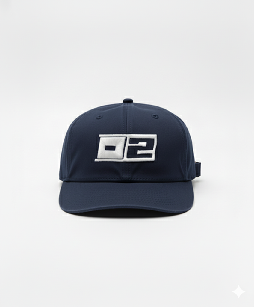 0-2 Brand™ Dad Hat Navy with bold white 3D puff embroidered 0-2 badge, relaxed unstructured fit and adjustable strapback.