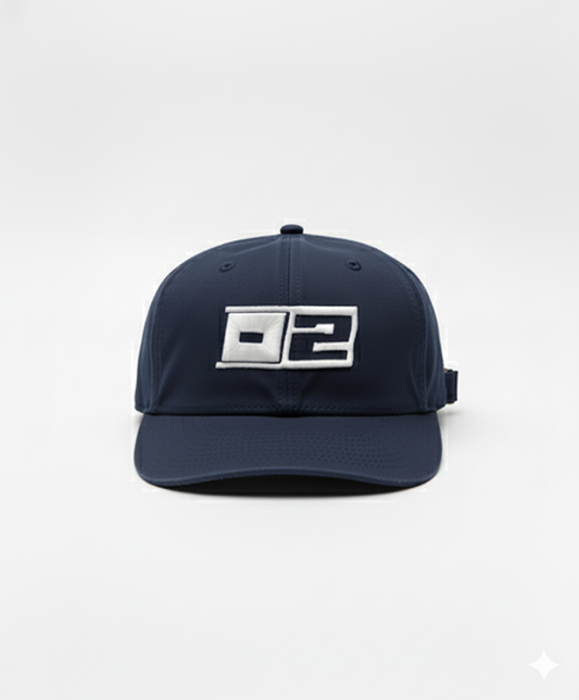 0-2 Brand™ Dad Hat Navy with bold white 3D puff embroidered 0-2 badge, relaxed unstructured fit and adjustable strapback.
