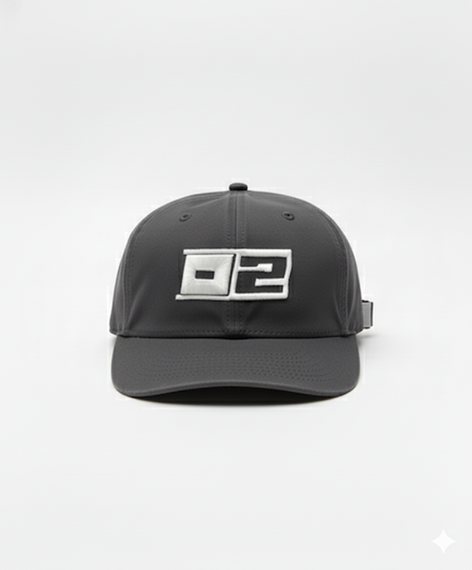 0-2 Brand™ Dad Hat Black with bold white 3D puff embroidered 0-2 badge, relaxed unstructured fit and adjustable strapback.